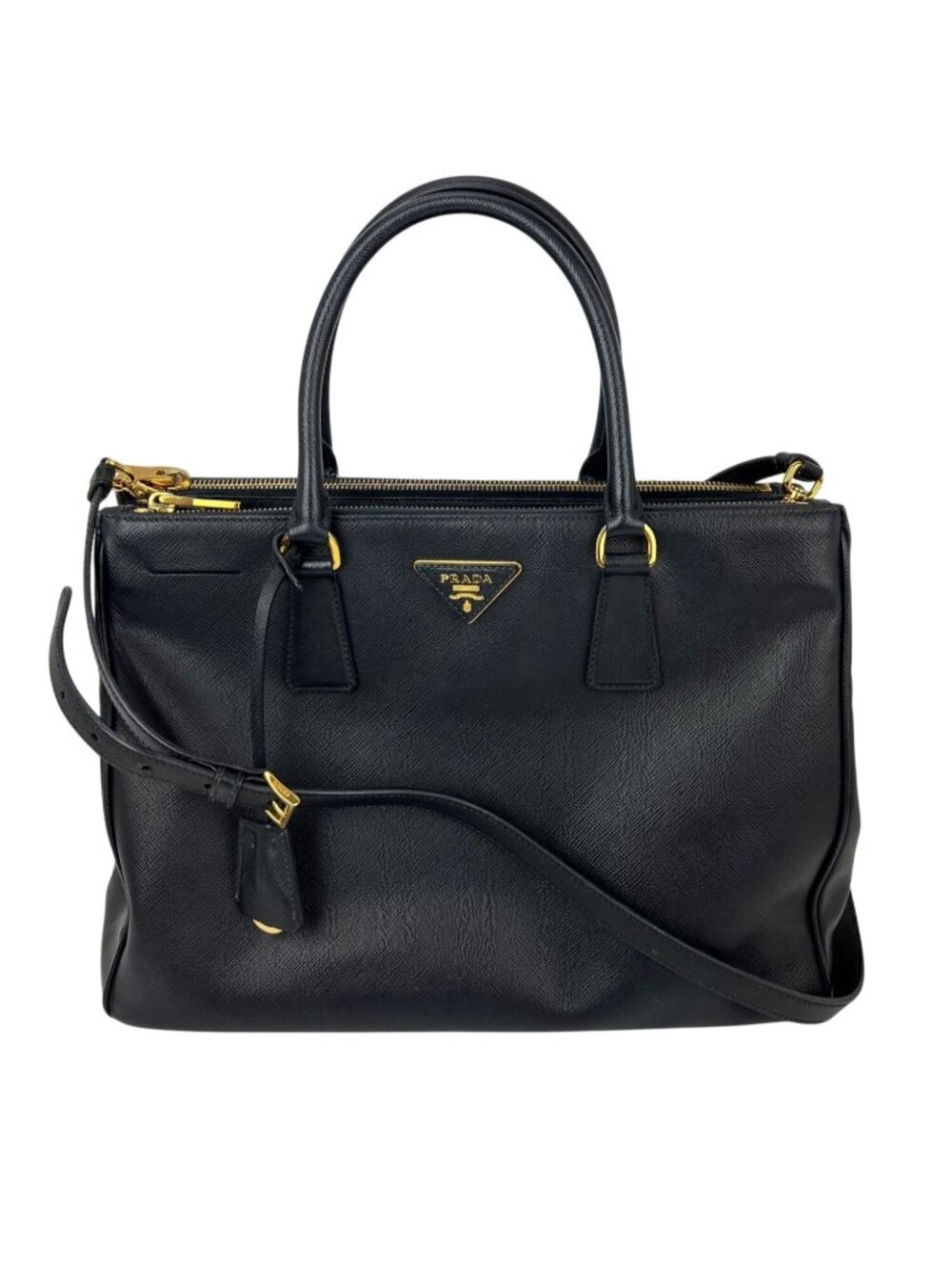 Prada Saffiano Leather Double Zip Black Tote Bag